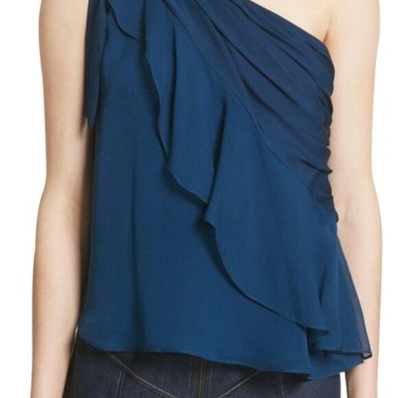 CINQ A SEPT Caspian Lapis Blue Silk Georgette One Shoulder Ruffle Top - Picture 6 of 6